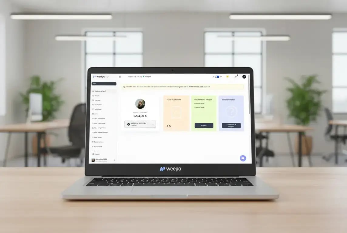 Tableau de bord Weepo sur ordinateur — missions, rémunération et suivi du quotidien en portage salarial